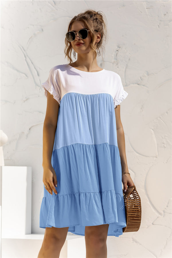 Color Block Round Neck Ruffle Hem Dress.