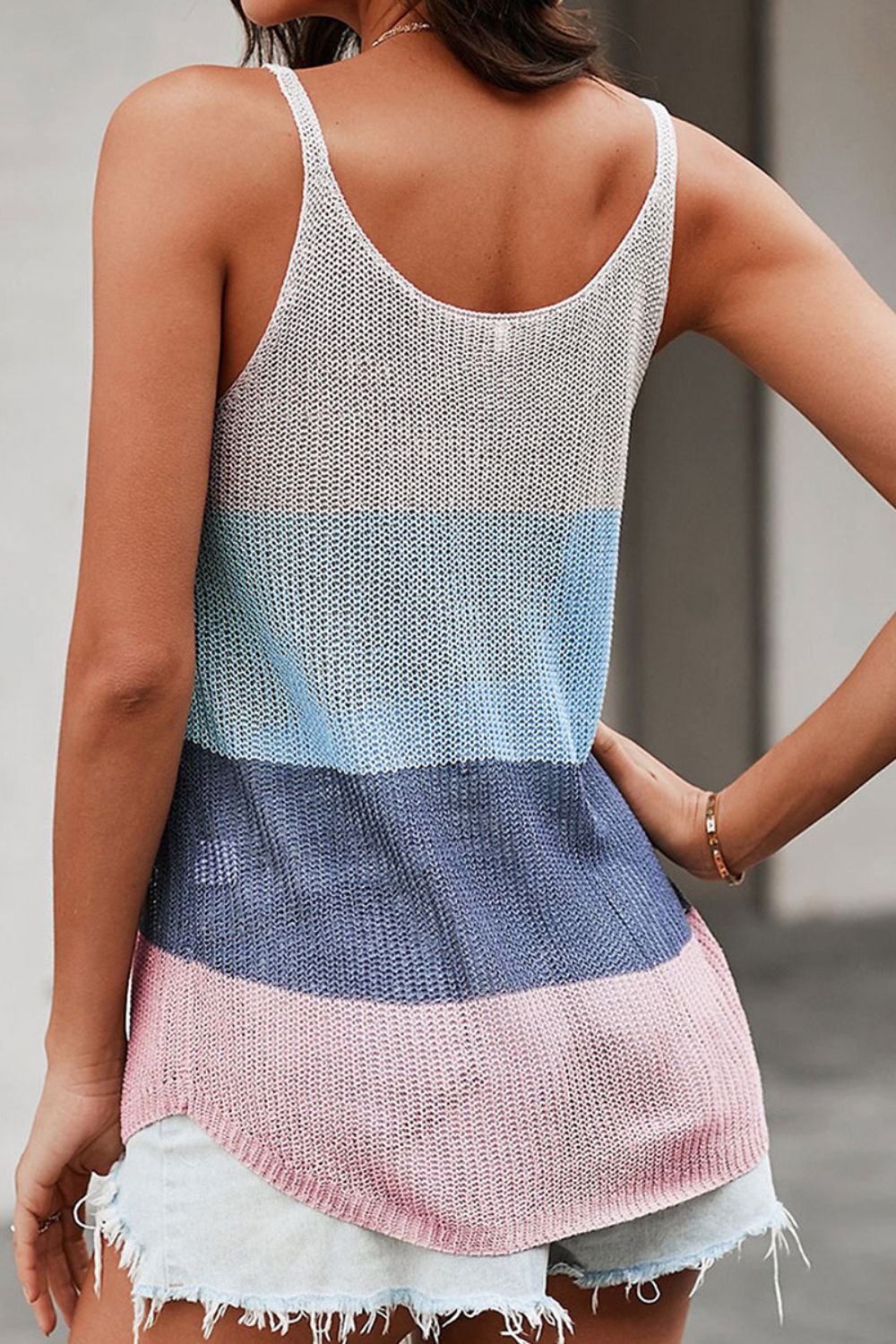 Shiny color block scoop neck knit tank, slightly stretchy.