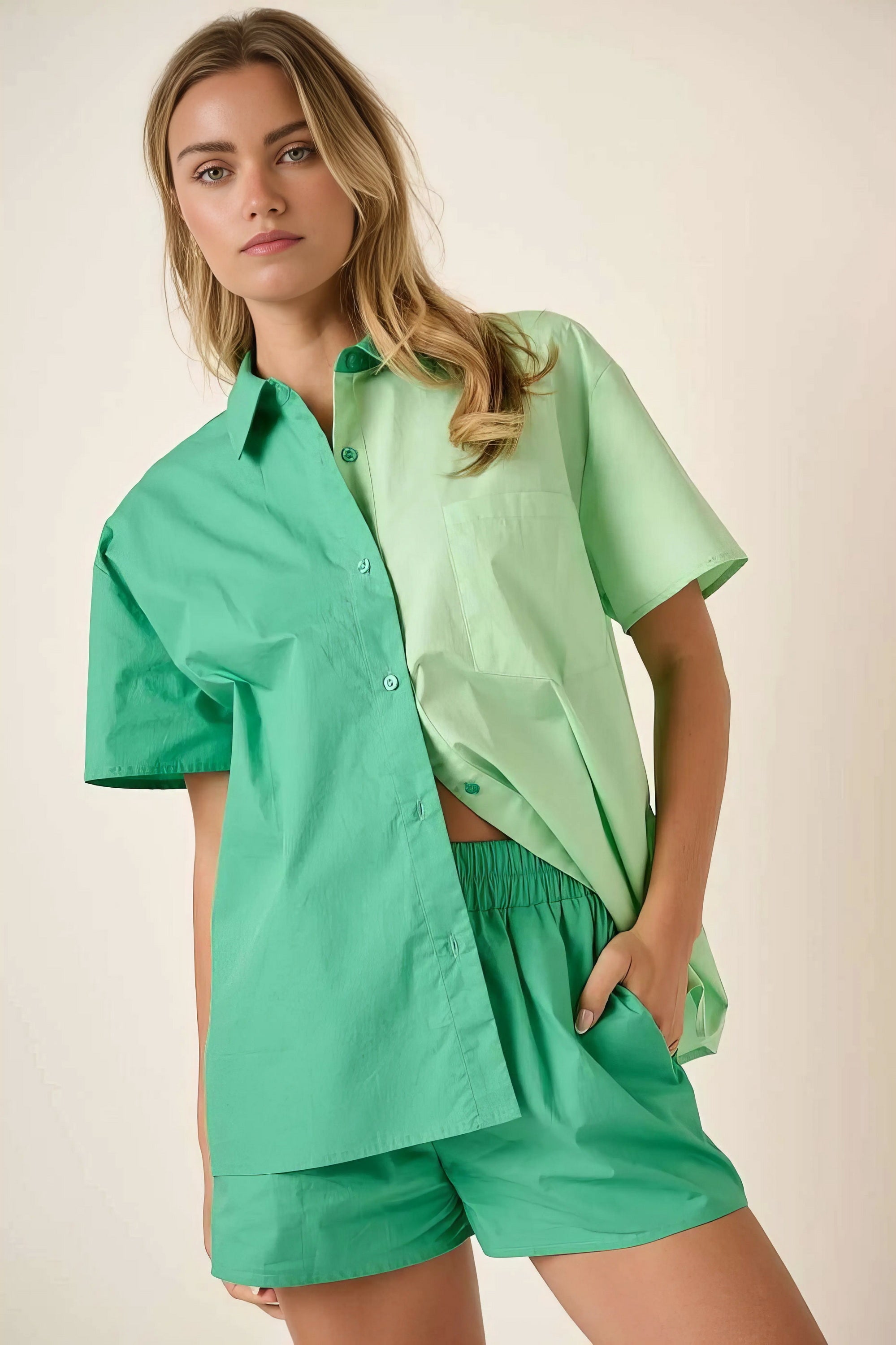 Color block short sleeve shirt and shorts set, women's trendy two-piece outfit, comfortable 100% cotton set, stylish color block design, buttoned shirt, practical pockets, ideal for warm weather, modern casual look