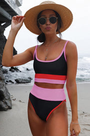 High waist color block spaghetti strap two-piece swim set with removable padding.