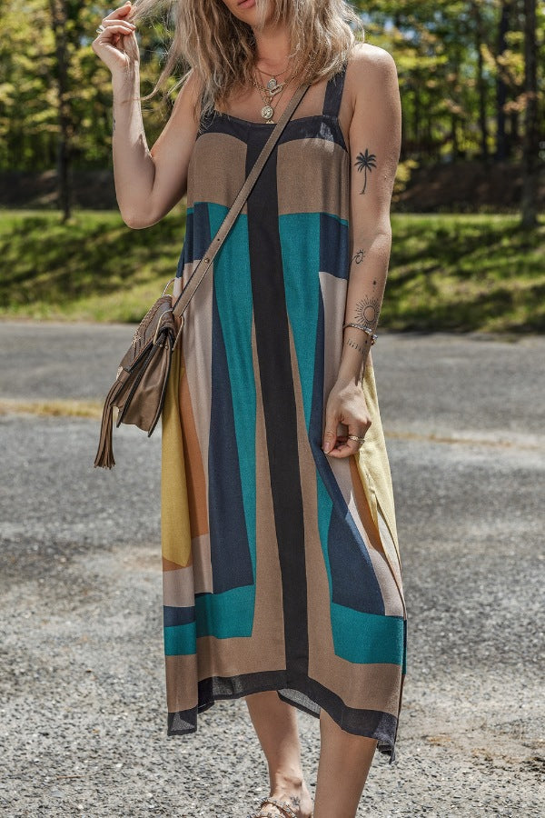 Color Block Square Neck Wide Strap Dress.