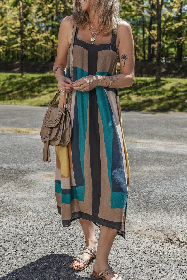 Color Block Square Neck Wide Strap Dress.