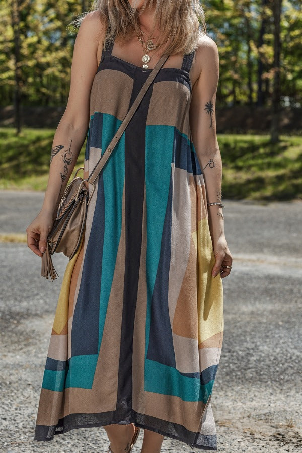 Color Block Square Neck Wide Strap Dress.