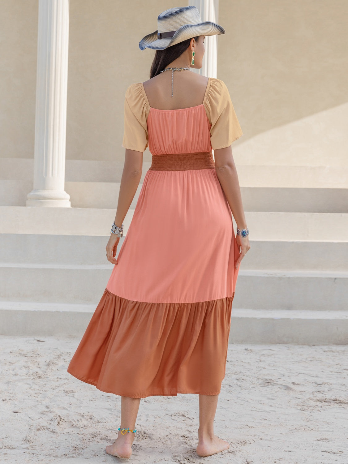 Color Block Tie Front Smocked Midi Dress with Cutout.