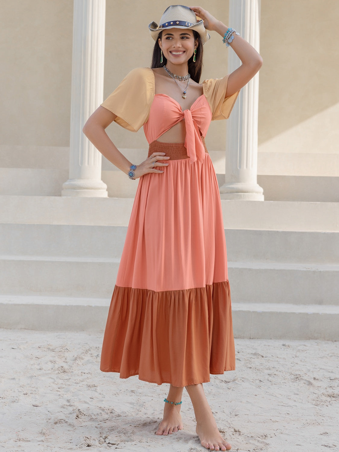 Color Block Tie Front Smocked Midi Dress with Cutout.