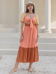 Color Block Tie Front Smocked Midi Dress with Cutout.