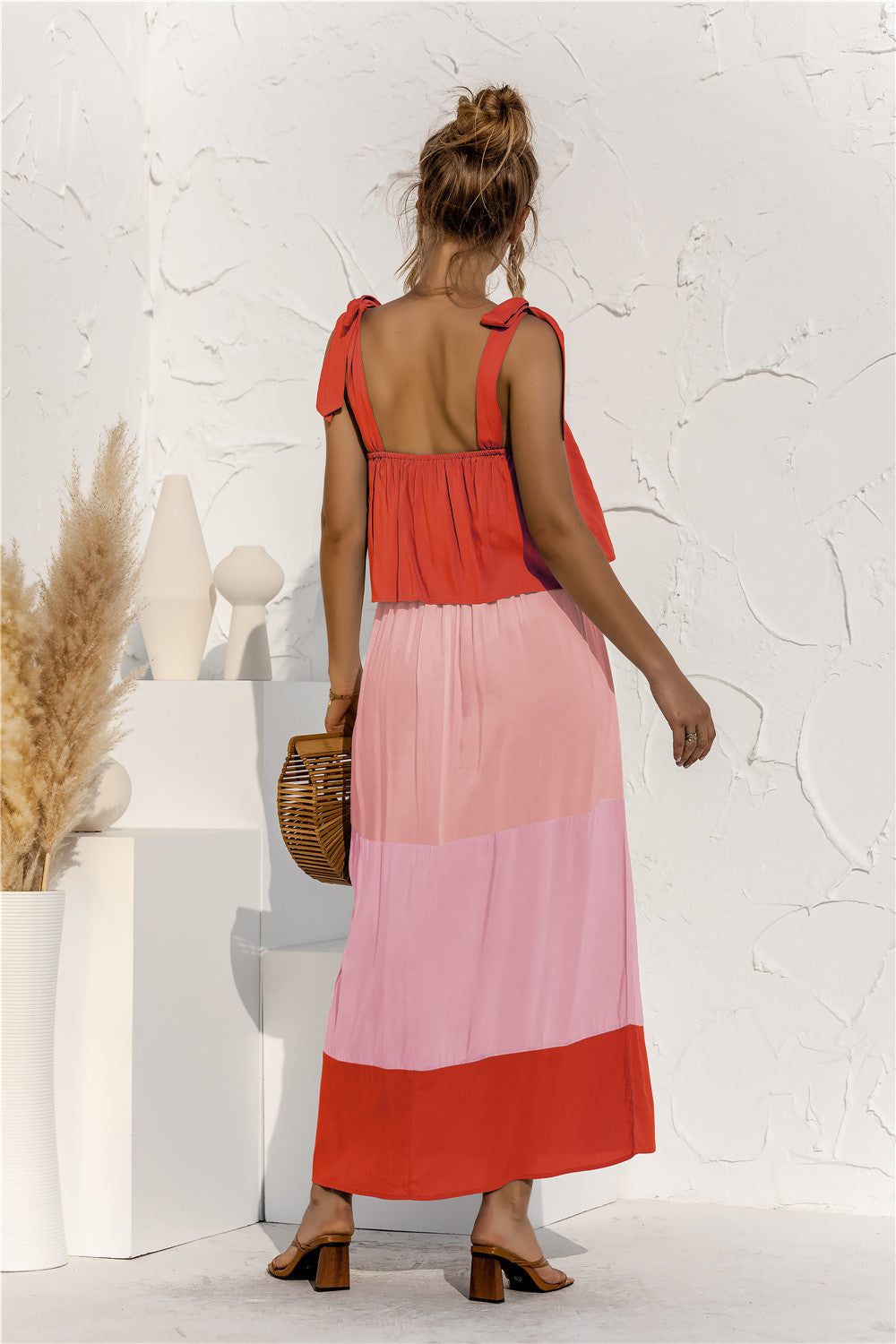 Color Block Tie Shoulder Tiered Sleeveless Midi Dress.