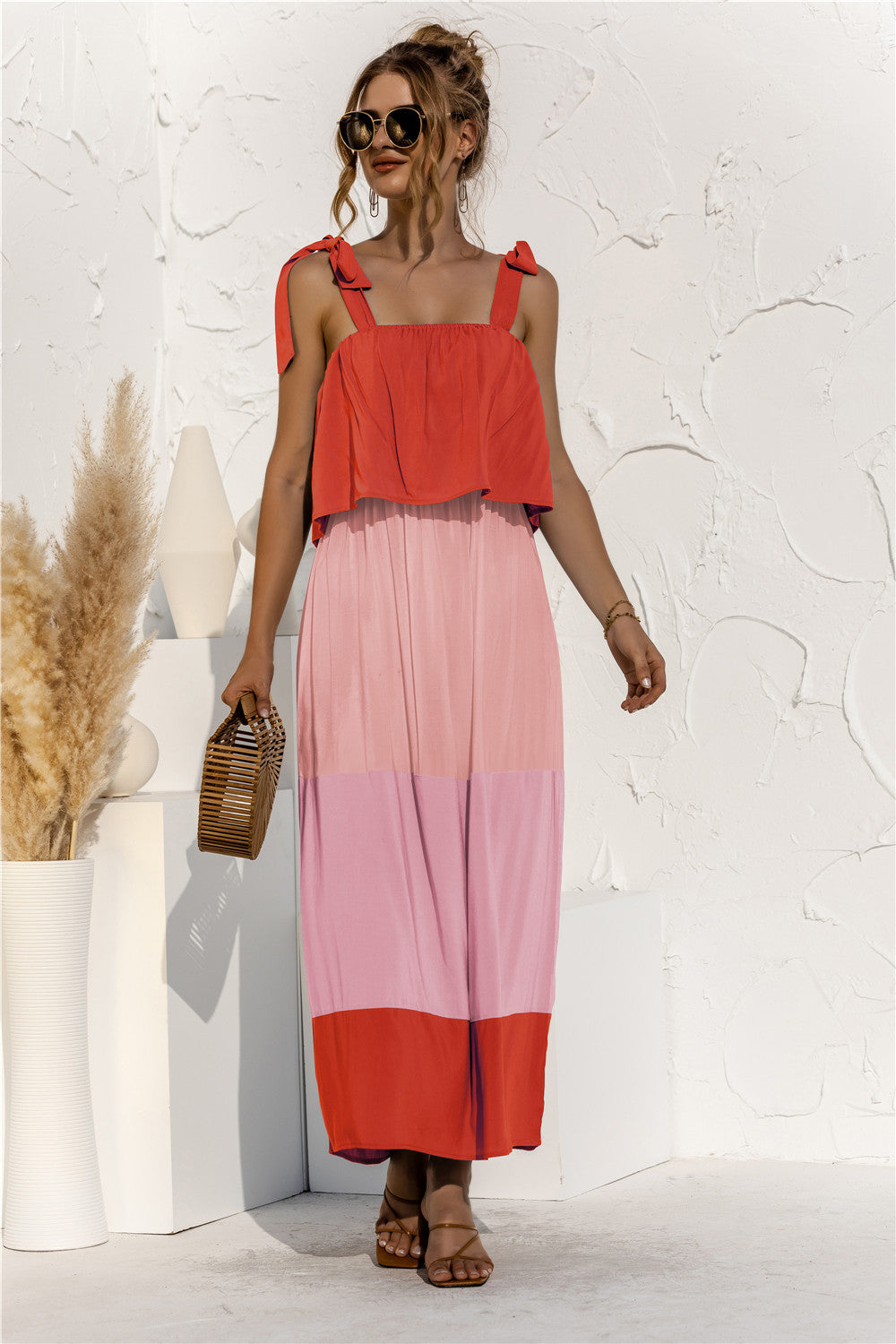 Color Block Tie Shoulder Tiered Sleeveless Midi Dress.