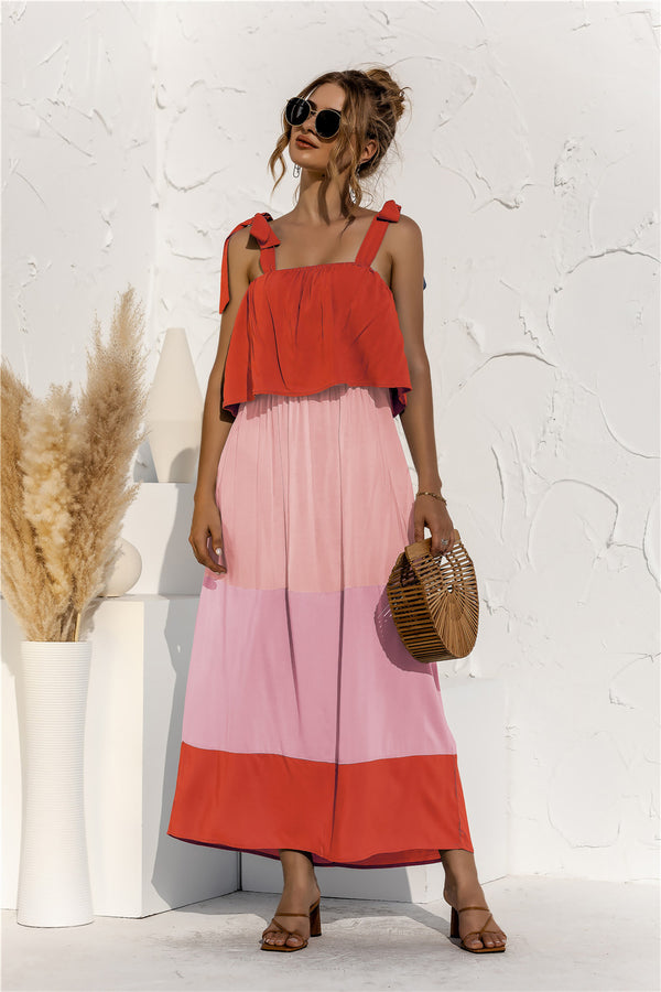 Color Block Tie Shoulder Tiered Sleeveless Midi Dress.