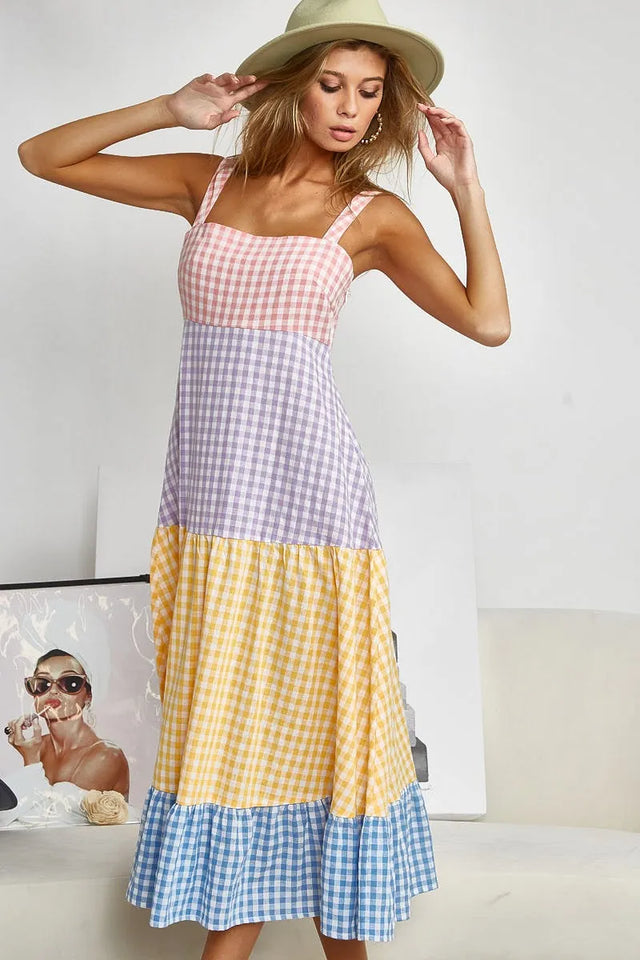 Bibi Color Block Tiered Gingham Dress.