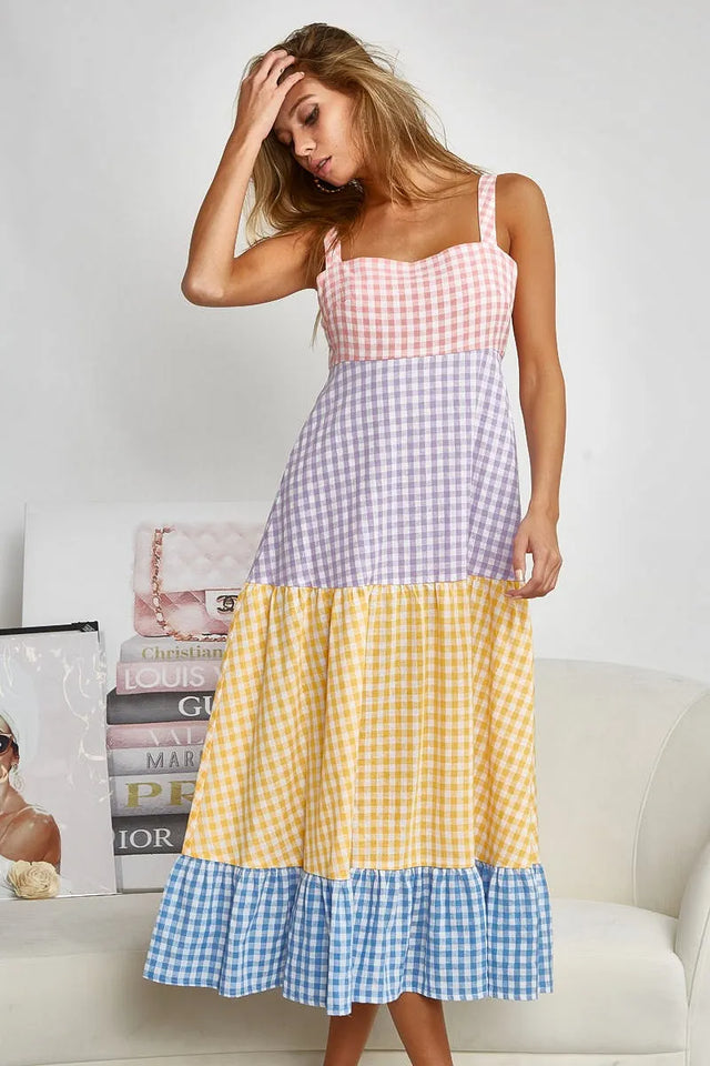 Bibi Color Block Tiered Gingham Dress.