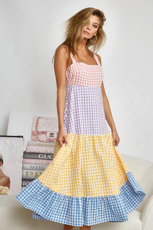 Bibi Color Block Tiered Gingham Dress.