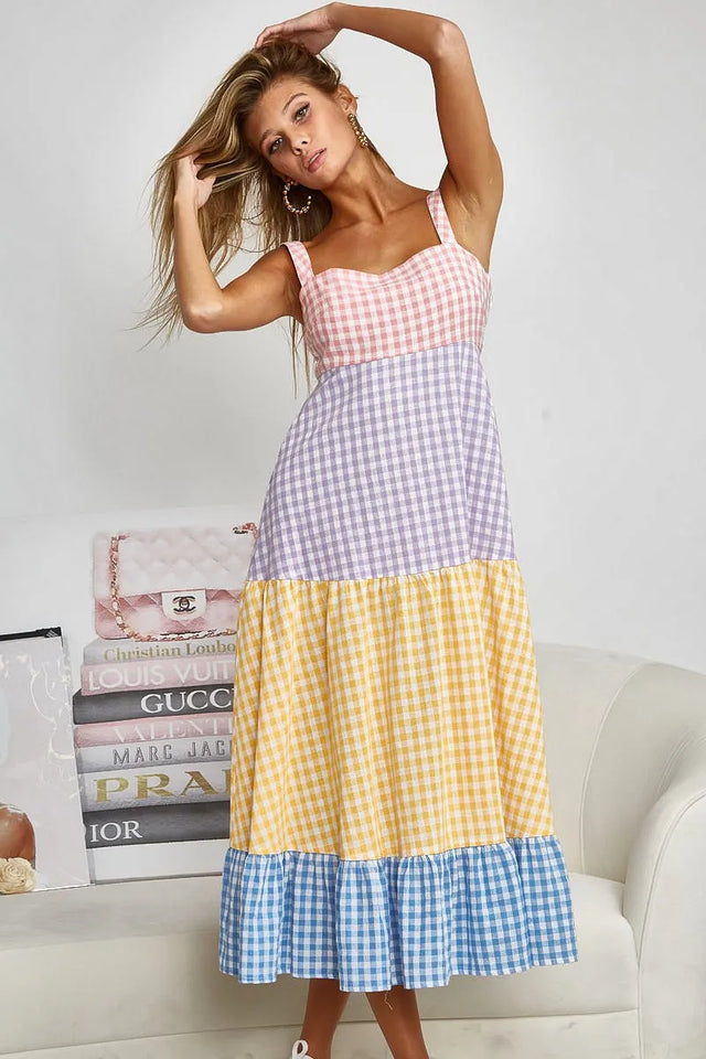 Bibi Color Block Tiered Gingham Dress.