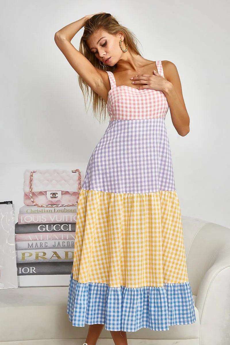 Bibi Color Block Tiered Gingham Dress.