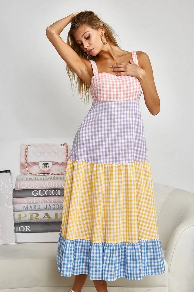 Bibi Color Block Tiered Gingham Dress.