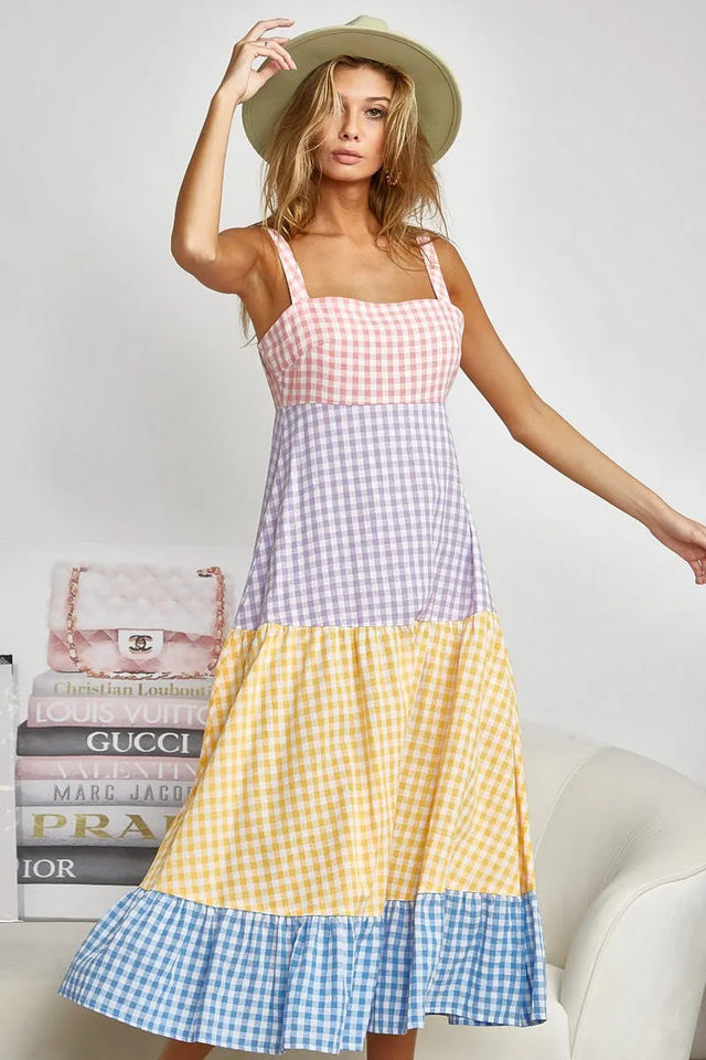 Bibi Color Block Tiered Gingham Dress.