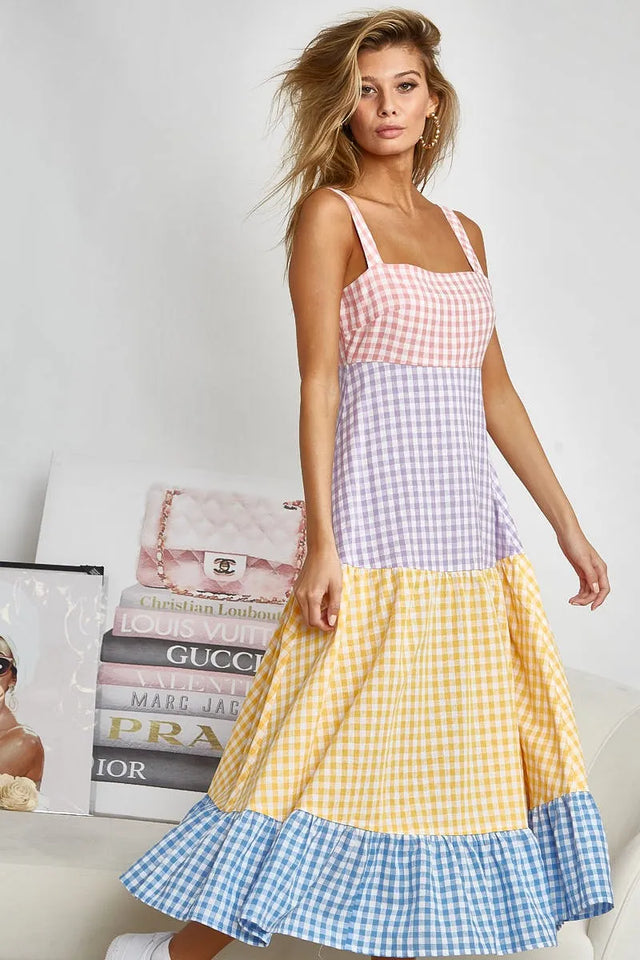 Bibi Color Block Tiered Gingham Dress.