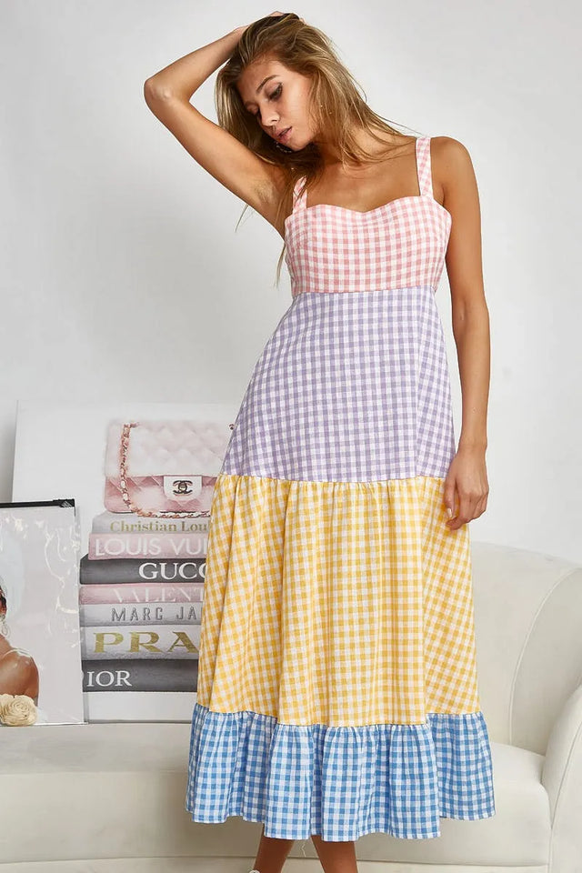 Bibi Color Block Tiered Gingham Dress.