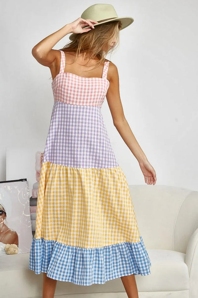 Bibi Color Block Tiered Gingham Dress.