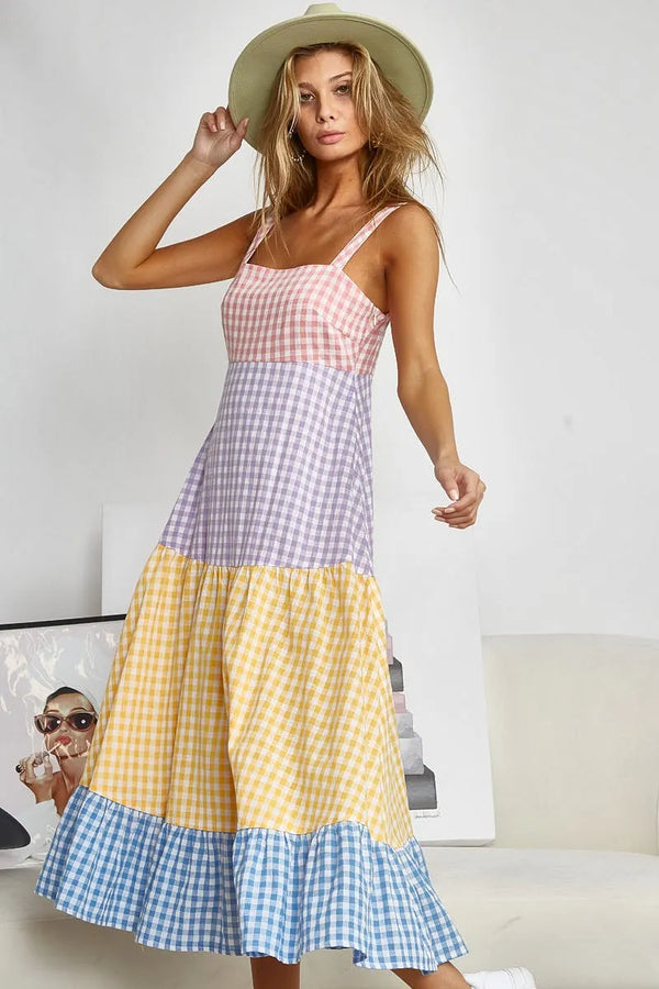 Bibi Color Block Tiered Gingham Dress.
