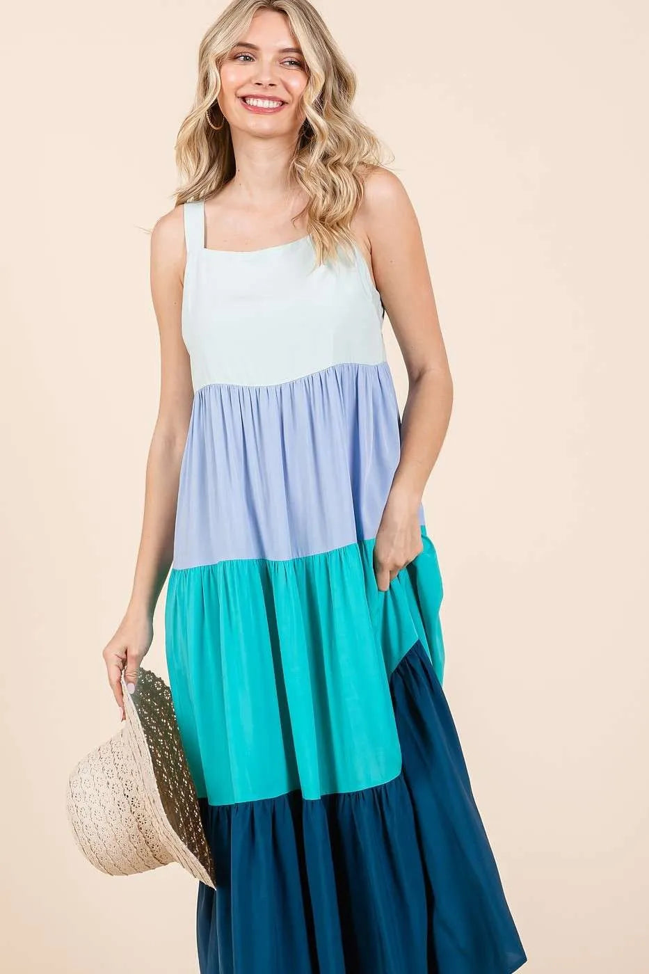 Mittoshop Color Block Tiered Pull-On Maxi Dress.