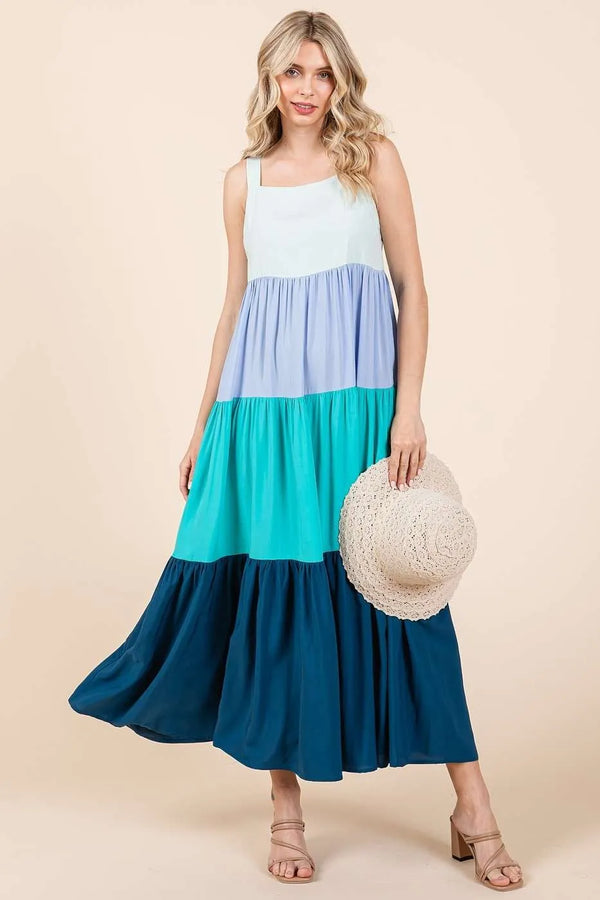 Mittoshop Color Block Tiered Pull-On Maxi Dress.