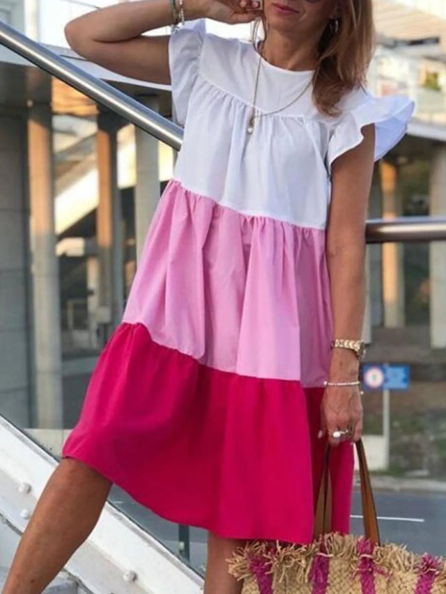 Full Size Color Block Tiered Ruffle Summer Dress Plus Size.