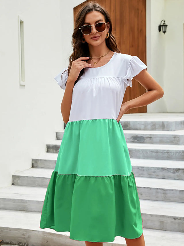 Full Size Color Block Tiered Ruffle Summer Dress Plus Size.