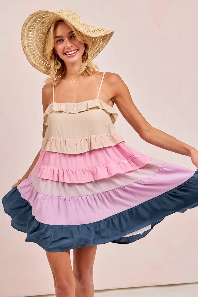 Drawstring Printed Spaghetti Strap Dress.