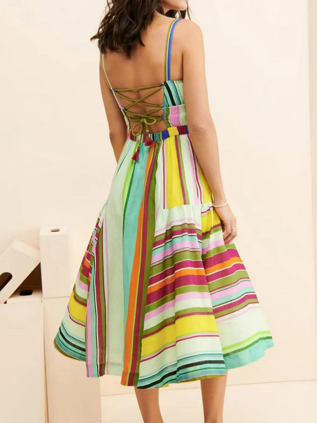 Colorful Striped Spaghetti Strap Midi Dress with Pockets and Lace-Up Detail.