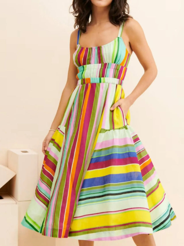 Colorful Striped Spaghetti Strap Midi Dress with Pockets and Lace-Up Detail.