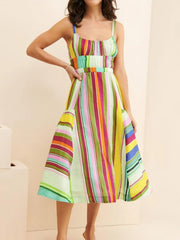Colorful Striped Spaghetti Strap Midi Dress with Pockets and Lace-Up Detail.
