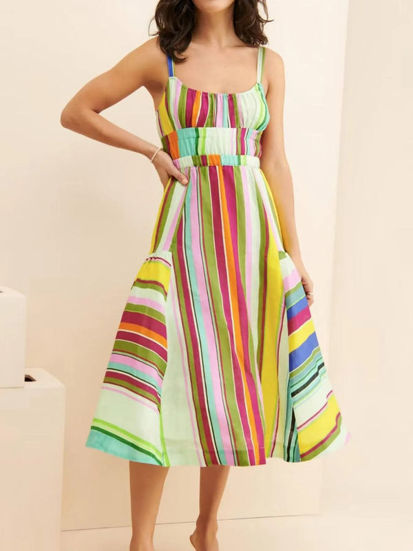 Colorful Striped Spaghetti Strap Midi Dress with Pockets and Lace-Up Detail.