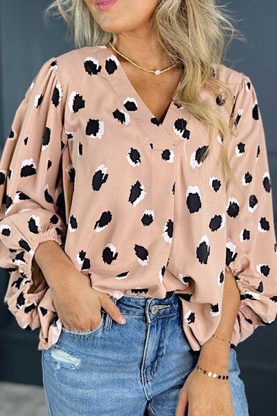 Contrast animal print V-neck long sleeve blouse.