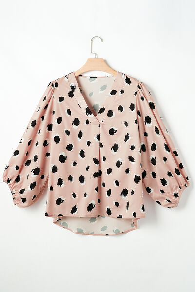 Contrast animal print V-neck long sleeve blouse.