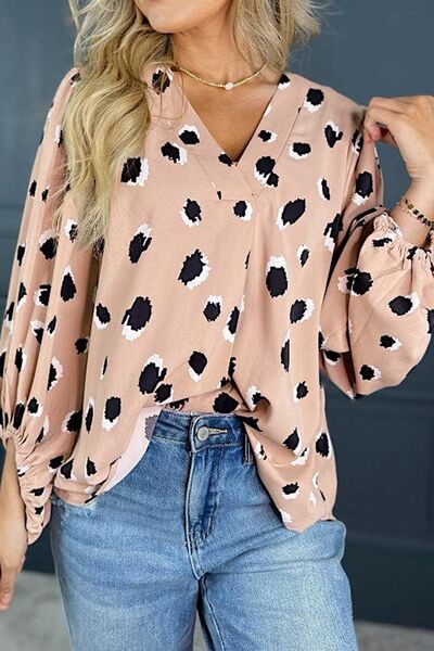 Contrast animal print V-neck long sleeve blouse.