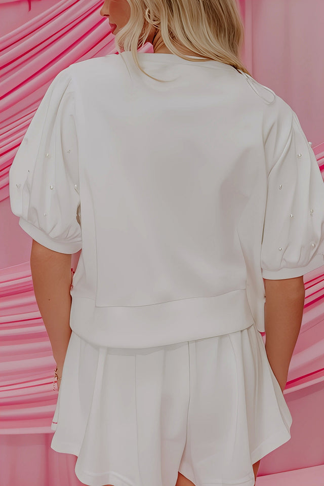 Contrast bow trim pearl puff sleeve blouse and skort set, women's chic two-piece outfit, elegant blouse, pearl details, puff sleeves, stylish skort, slightly stretchy fabric, perfect for special occasions or dressy casual wear