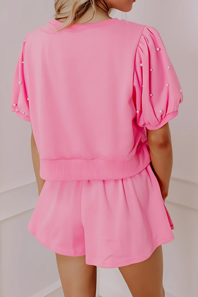 Contrast bow trim pearl puff sleeve blouse and skort set, women's chic two-piece outfit, elegant blouse, pearl details, puff sleeves, stylish skort, slightly stretchy fabric, perfect for special occasions or dressy casual wear