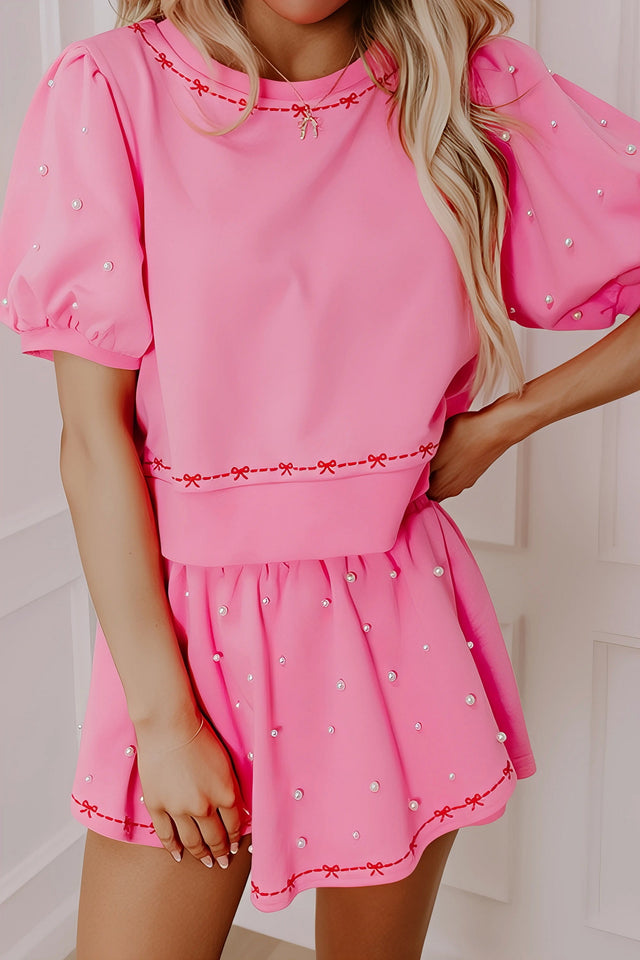 Contrast bow trim pearl puff sleeve blouse and skort set, women's chic two-piece outfit, elegant blouse, pearl details, puff sleeves, stylish skort, slightly stretchy fabric, perfect for special occasions or dressy casual wear