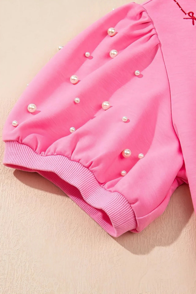 Contrast bow trim pearl puff sleeve blouse and skort set, women's chic two-piece outfit, elegant blouse, pearl details, puff sleeves, stylish skort, slightly stretchy fabric, perfect for special occasions or dressy casual wear