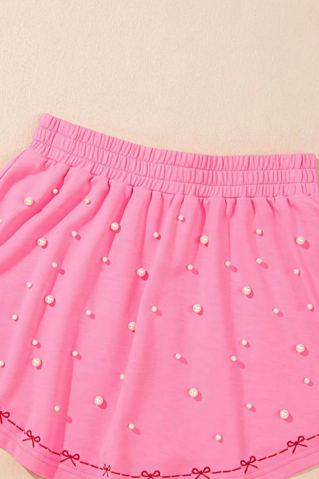 Contrast bow trim pearl puff sleeve blouse and skort set, women's chic two-piece outfit, elegant blouse, pearl details, puff sleeves, stylish skort, slightly stretchy fabric, perfect for special occasions or dressy casual wear