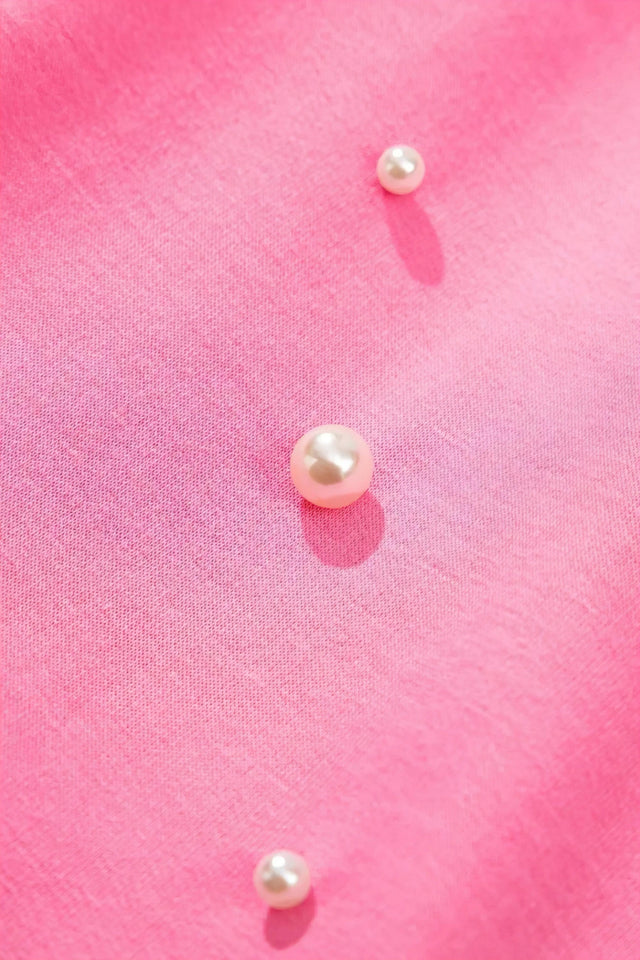Contrast bow trim pearl puff sleeve blouse and skort set, women's chic two-piece outfit, elegant blouse, pearl details, puff sleeves, stylish skort, slightly stretchy fabric, perfect for special occasions or dressy casual wear