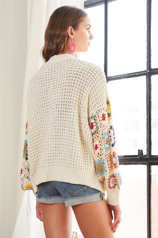 Full size contrast crochet open front long sleeve cardigan with ribbed details.