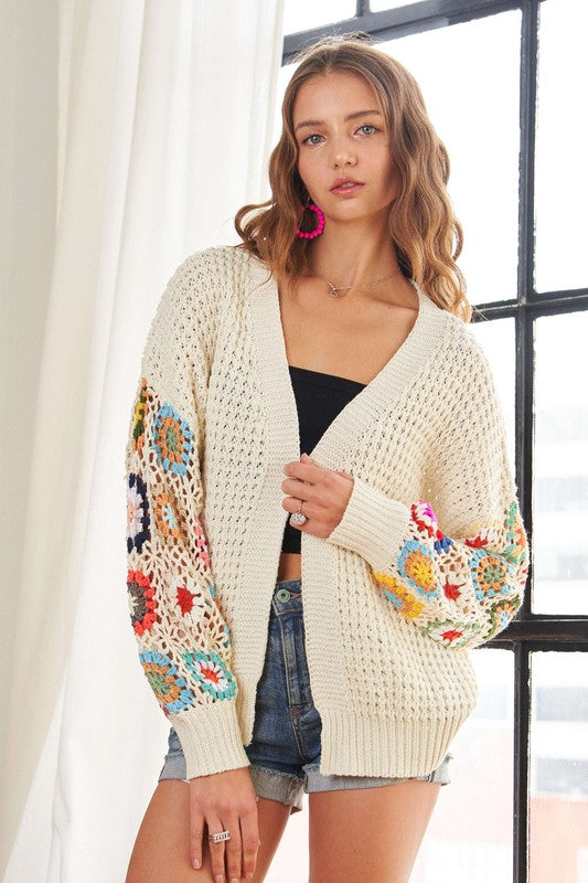 Full size contrast crochet open front long sleeve cardigan with ribbed details.