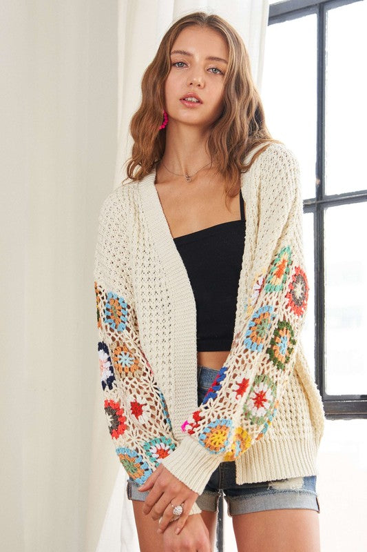 Full size contrast crochet open front long sleeve cardigan with ribbed details.