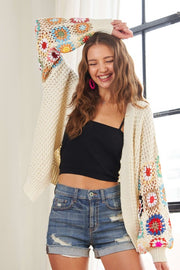 Full size contrast crochet open front long sleeve cardigan with ribbed details.