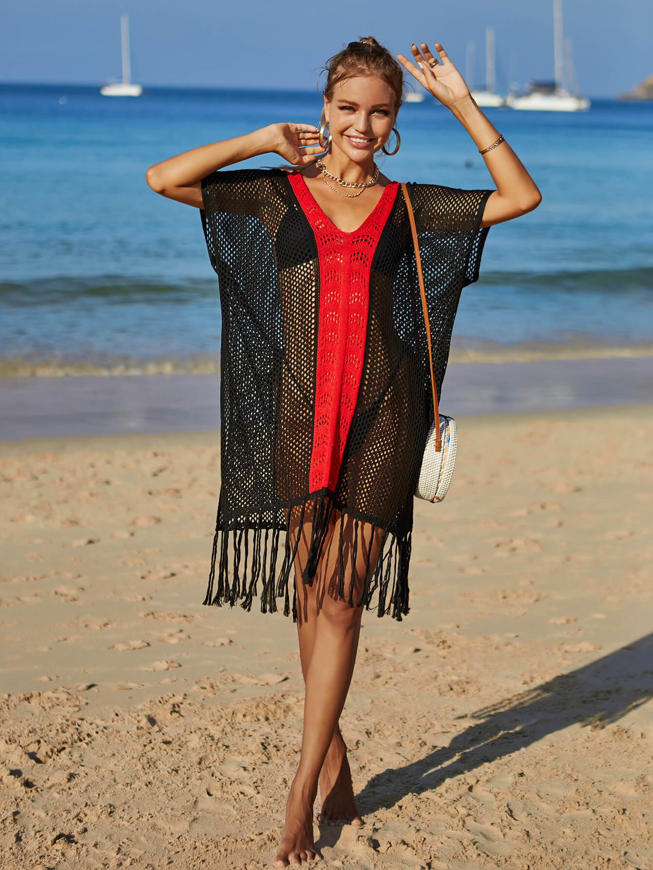 Angel Wings Contrast Fringe Trim Openwork Cover-Up Dress.
