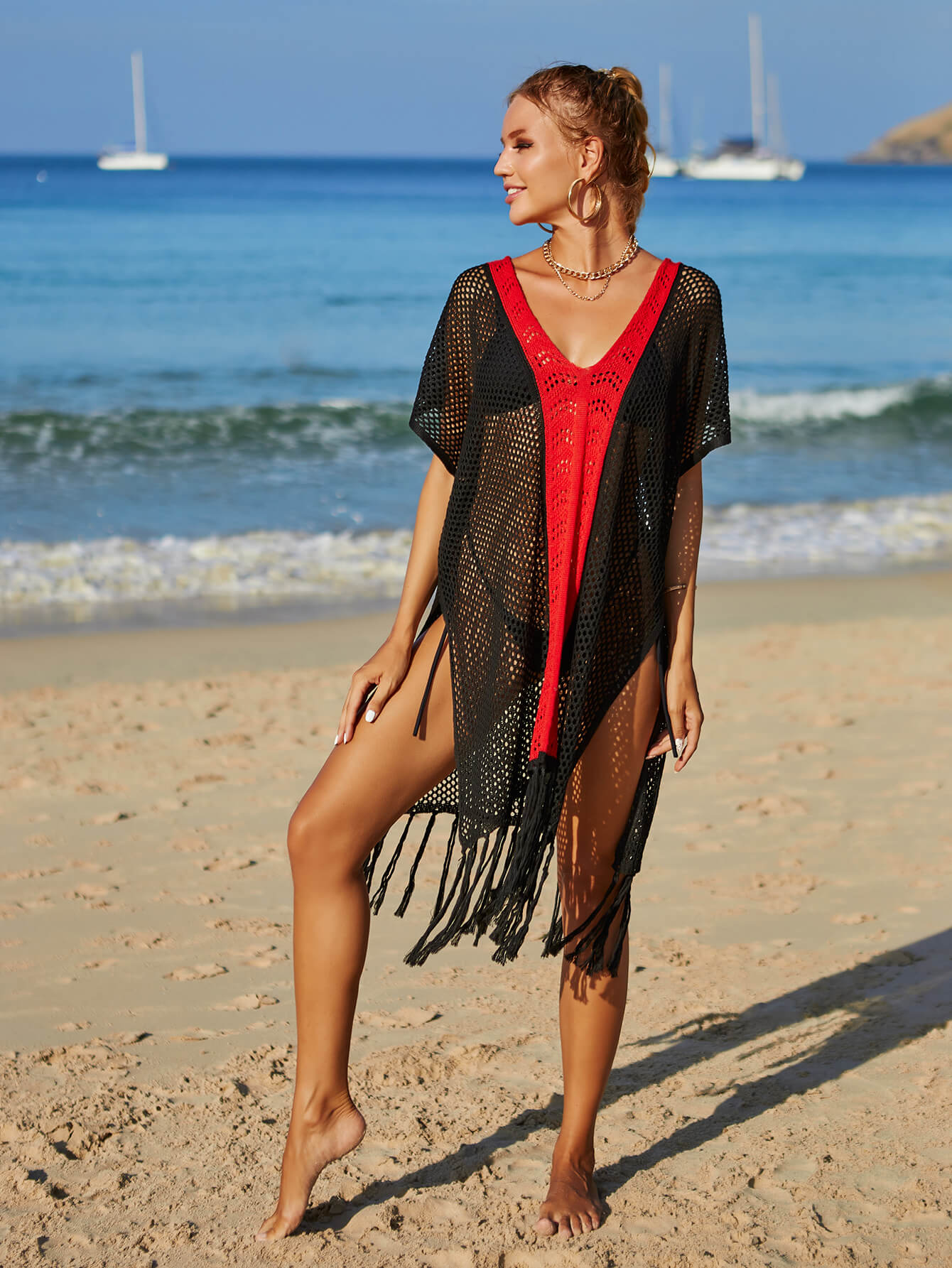 Angel Wings Contrast Fringe Trim Openwork Cover-Up Dress.