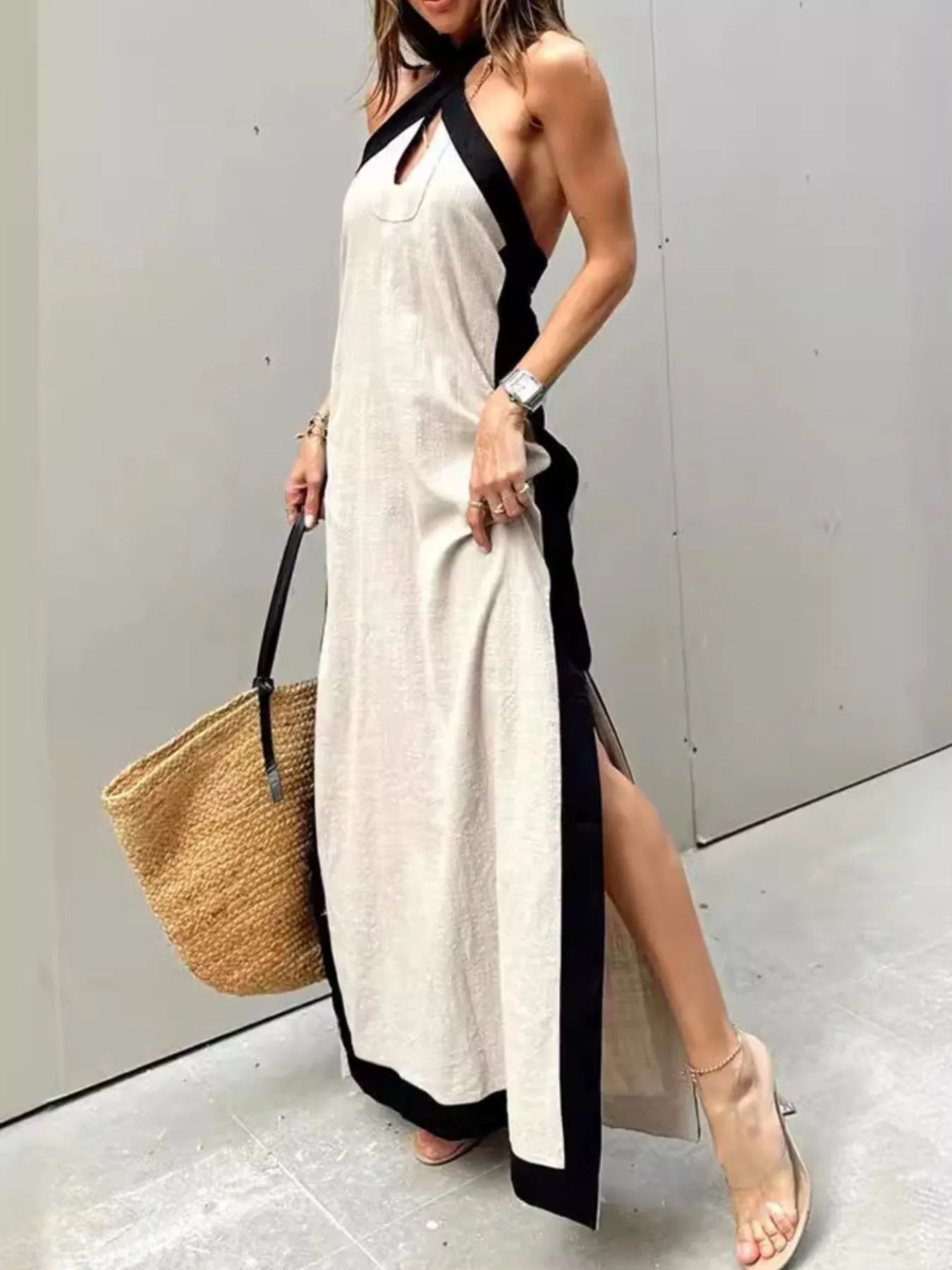 Contrast Halter Sleeveless Maxi Dress with Crisscross and Slit.