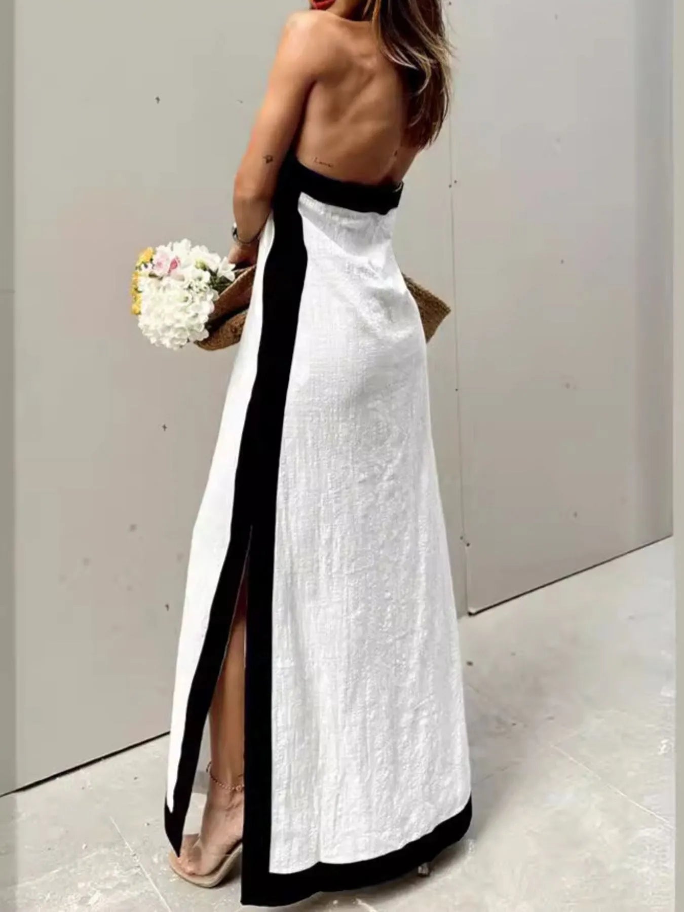 Contrast Halter Sleeveless Maxi Dress with Crisscross and Slit.